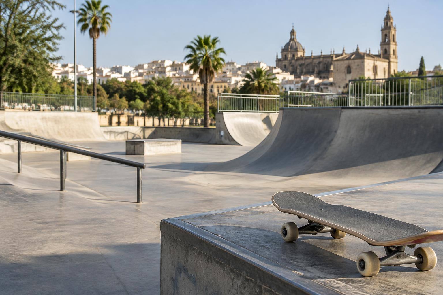 Imagen ilustrativa: Pista de skate con rampas curvas, barandillas y una tabla junto al borde, sin personas reconocibles.