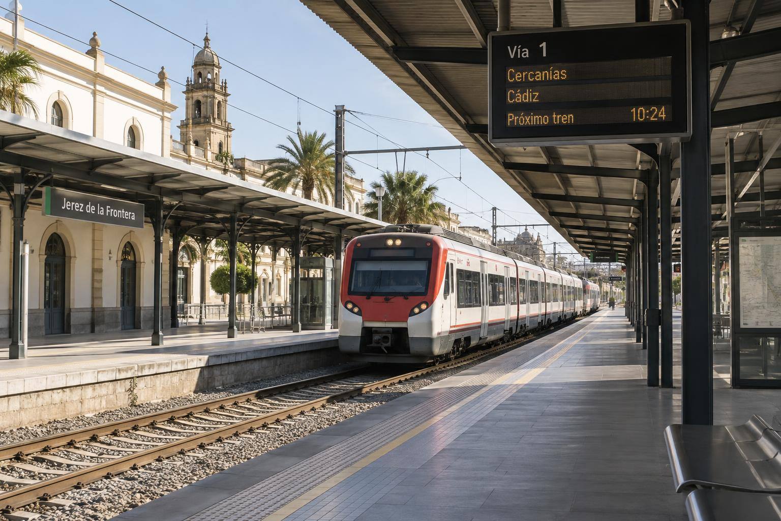 Imagen ilustrativa: Andenes de una estación ferroviaria con un tren de Cercanías y paneles informativos, sin personas reconocibles