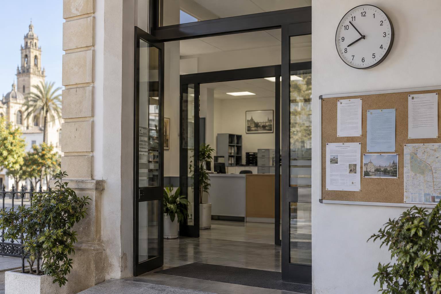 Imagen ilustrativa: Entrada de un centro de trabajo con un reloj y un tablón informativo, sin personas reconocibles