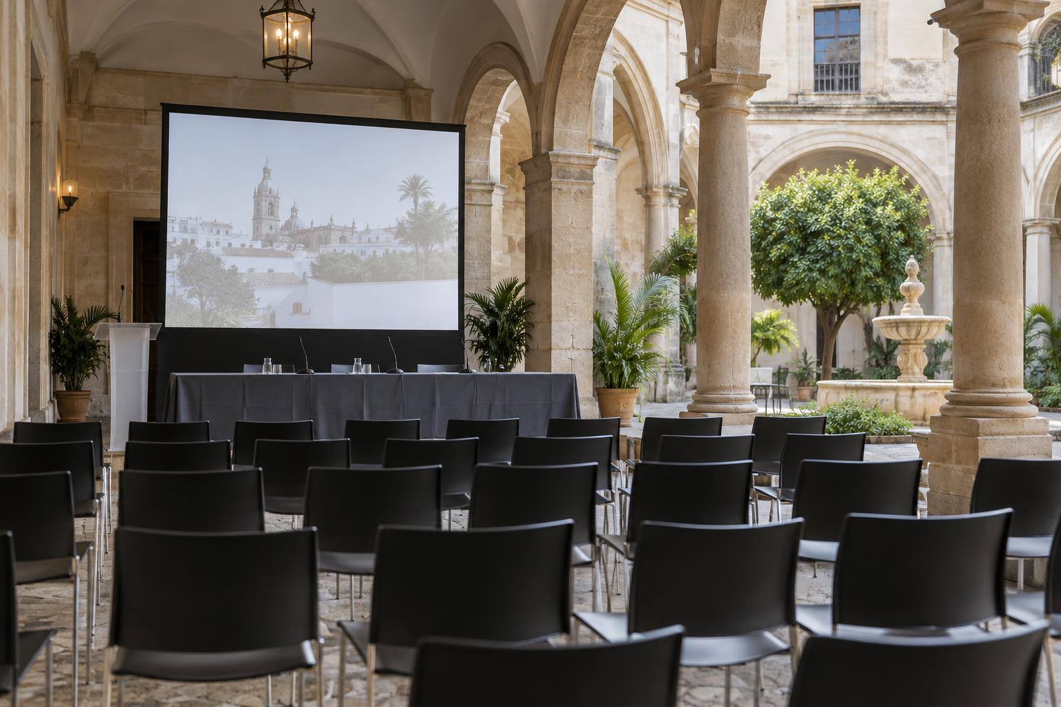 Imagen ilustrativa: Sala de conferencias en un claustro histórico, con sillas y una pantalla de presentación, sin personas reconocibles