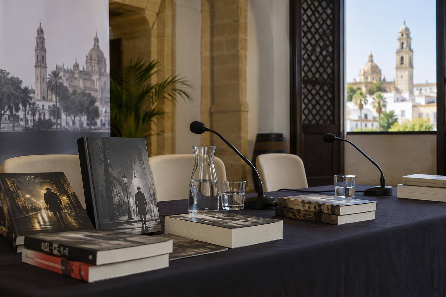Imagen ilustrativa: Mesa con libros de novela policíaca y micrófonos en una sala de encuentros literarios, sin personas.