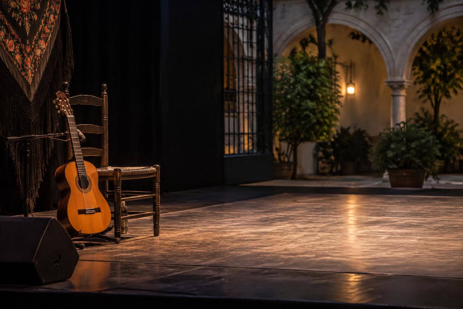 Imagen ilustrativa: Escenario de teatro con una guitarra flamenca junto a una silla y una zona despejada para el baile, sin personas.