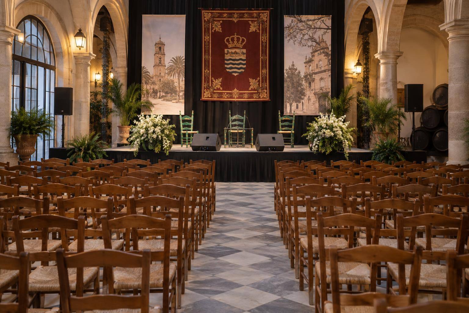 Imagen ilustrativa: Salón de actos con un escenario y filas de sillas preparado para una celebración cultural, sin personas reconocibles.