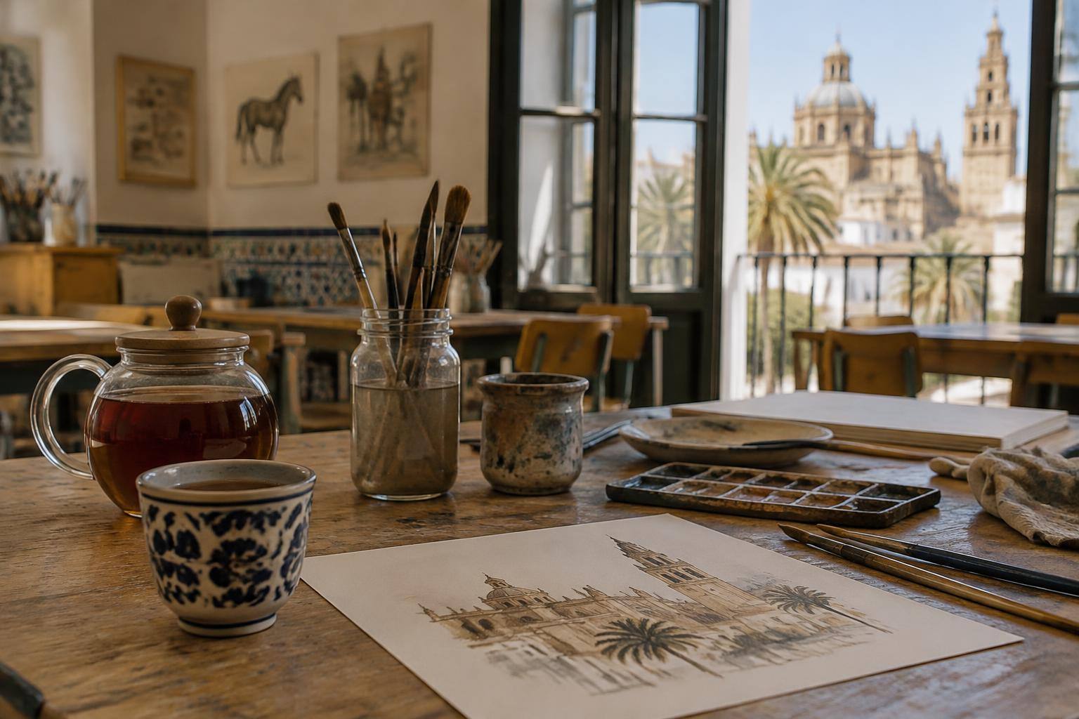 Imagen ilustrativa: Mesa de un aula de arte con pinceles, papel y recipientes de té negro, sin personas.