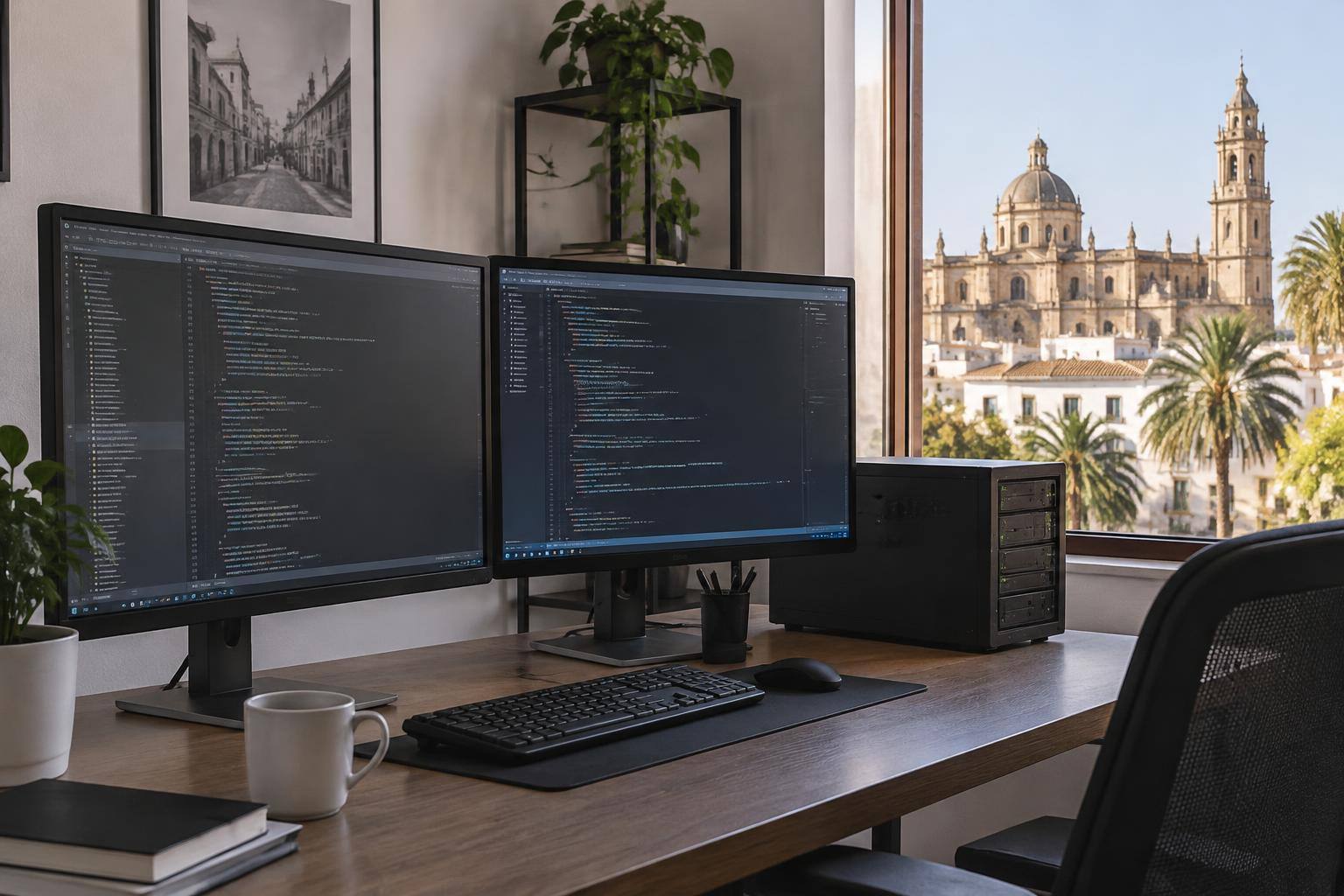 Imagen ilustrativa: Puesto de trabajo de programación con monitores y un pequeño servidor informático, sin personas ni marcas visibles