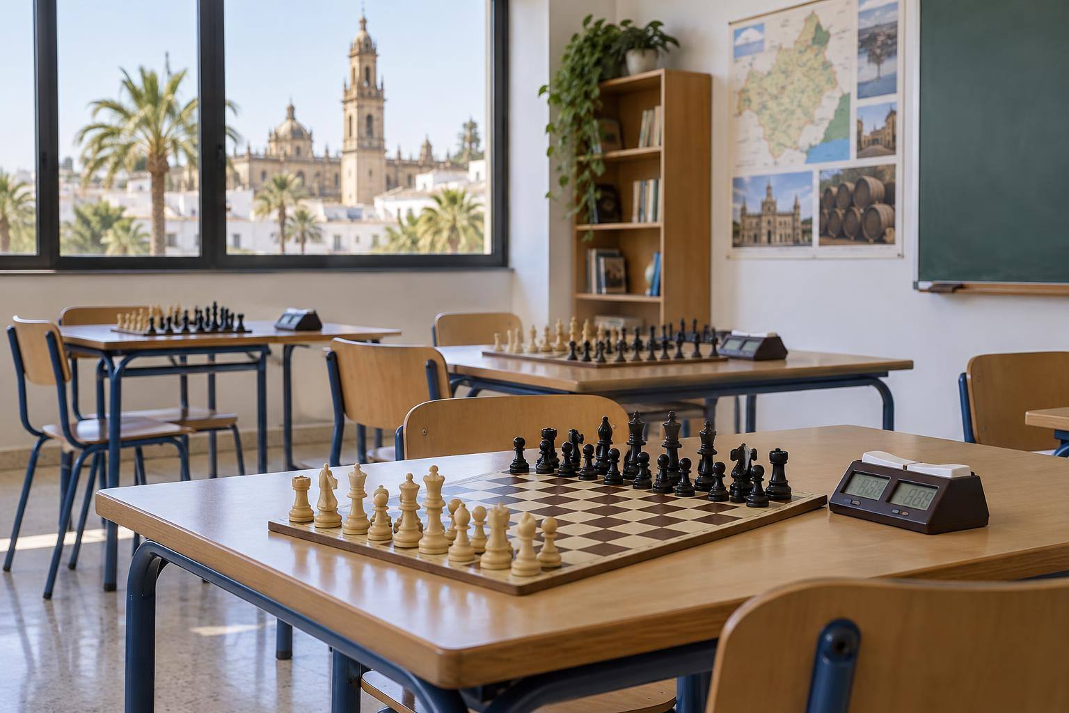 Imagen ilustrativa: Aula escolar con tableros de ajedrez y relojes de competición sobre las mesas, sin personas reconocibles