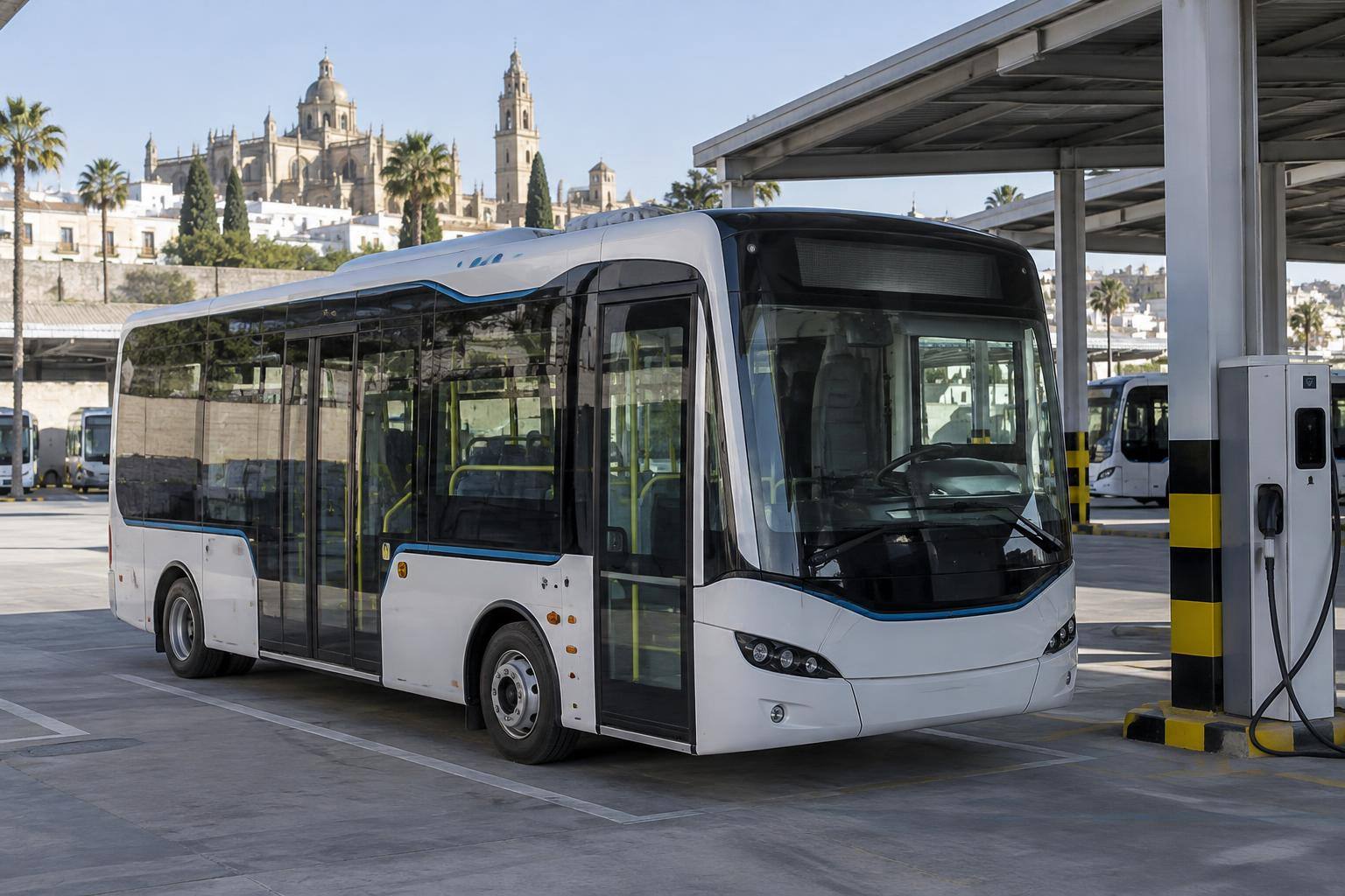 Imagen ilustrativa: Microbús urbano eléctrico estacionado en una cochera de transporte público, sin personas ni distintivos reconocibles.