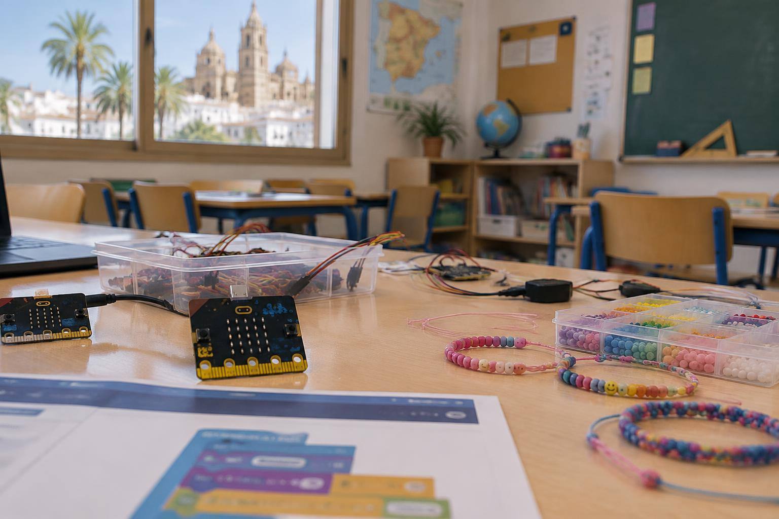 Imagen ilustrativa: Mesa de un aula de Primaria con placas de programación educativa, componentes electrónicos y materiales para elaborar pulseras, sin personas.