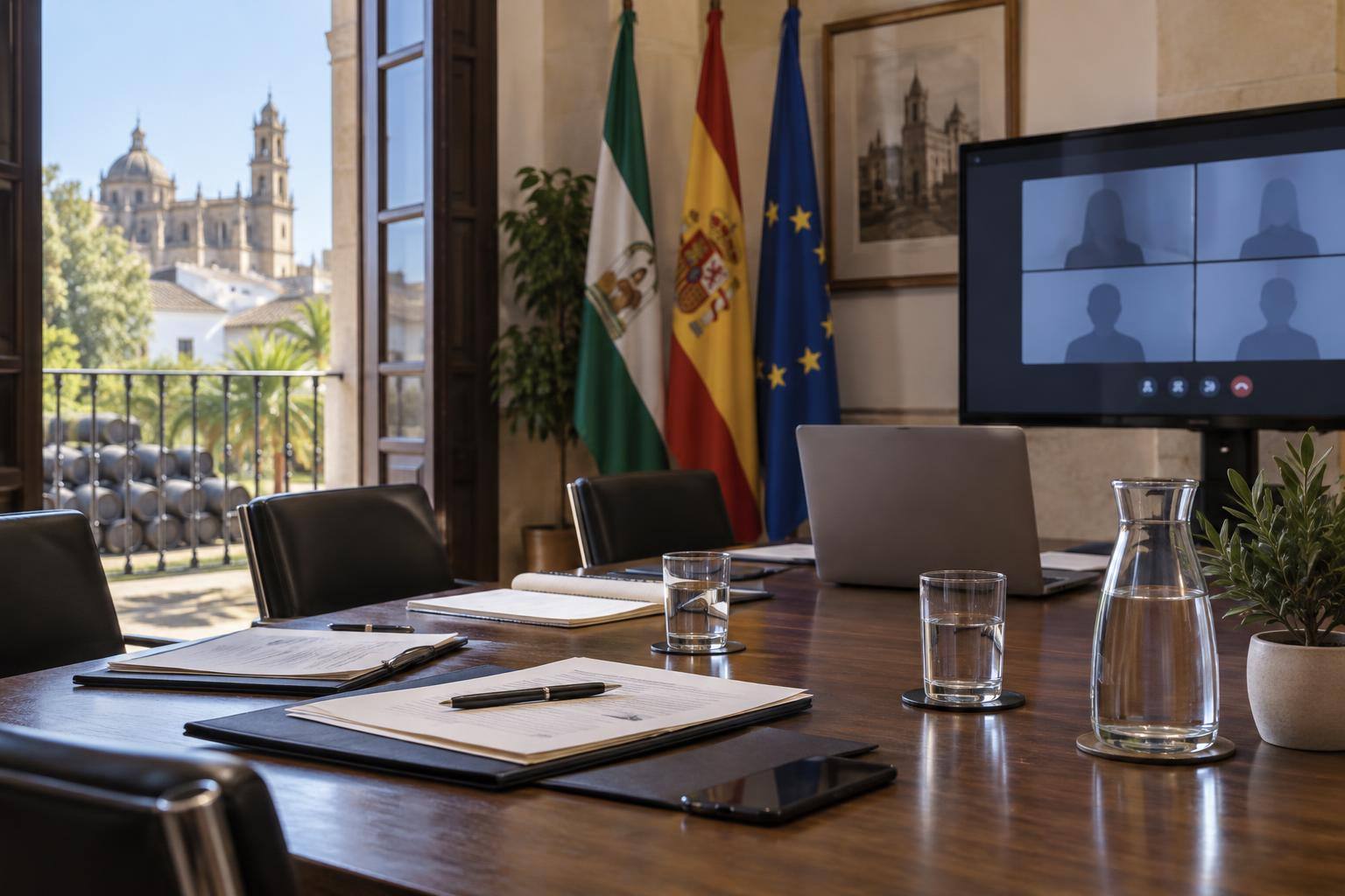 Imagen ilustrativa: Sala de reuniones con una mesa de trabajo, documentos y una pantalla para videoconferencias, sin personas reconocibles.