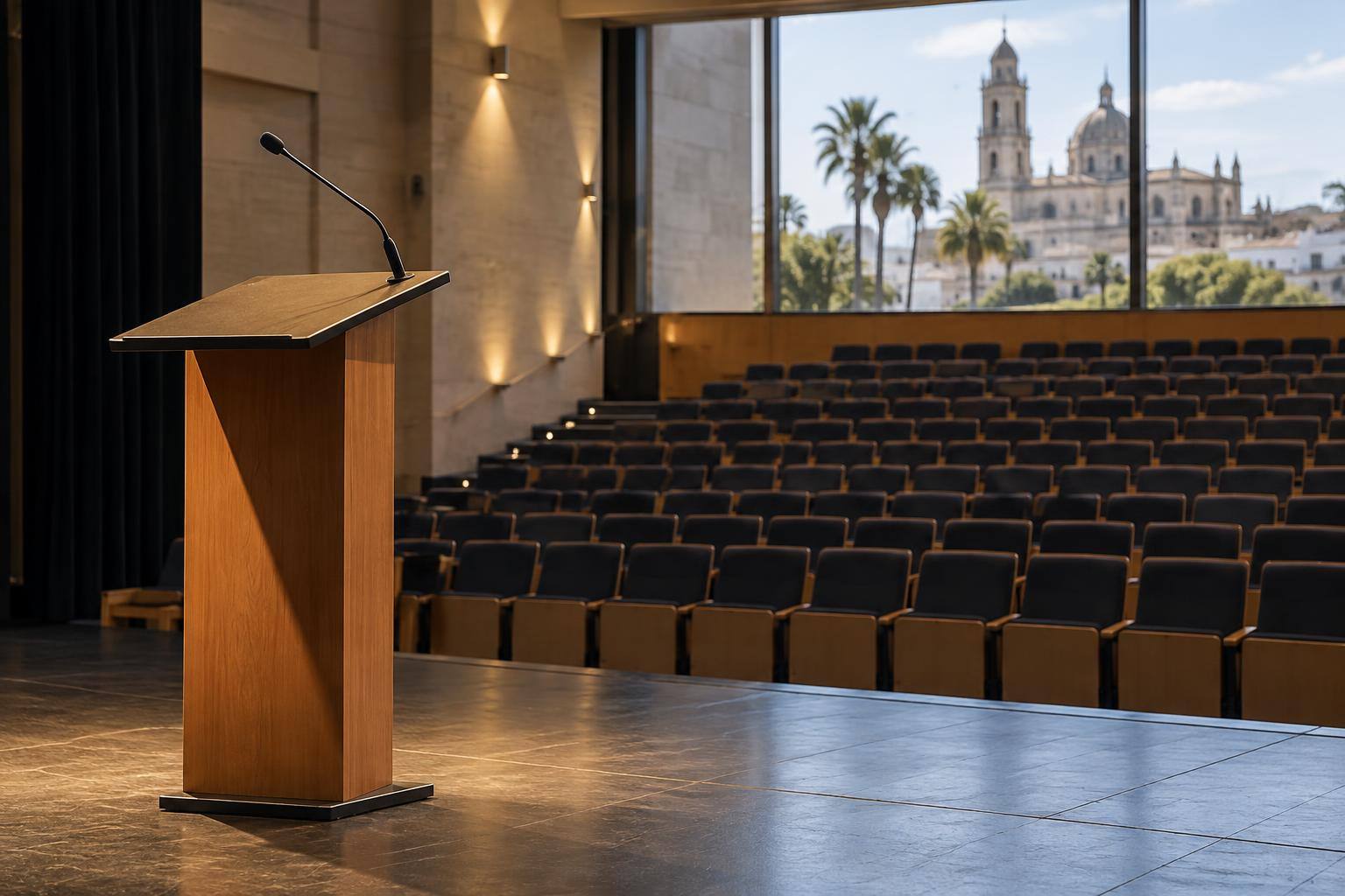 Imagen ilustrativa: Atril en el escenario de un auditorio con filas de butacas, sin personas ni símbolos identificables.