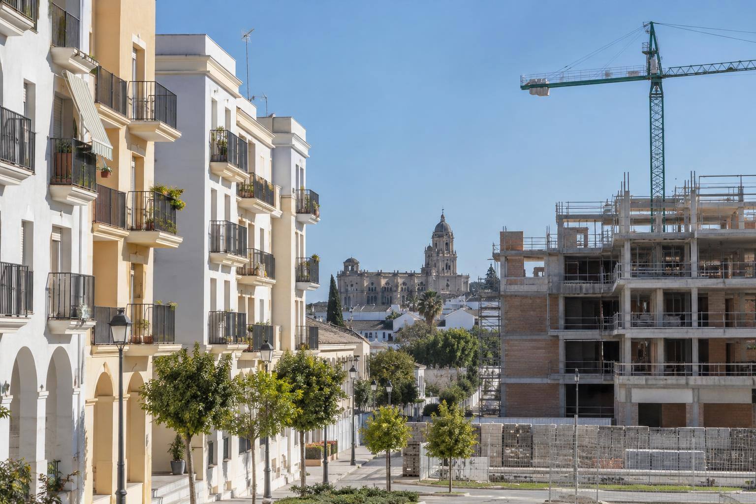 Imagen ilustrativa: bloques de viviendas con balcones y una zona residencial en construcción, sin personas reconocibles