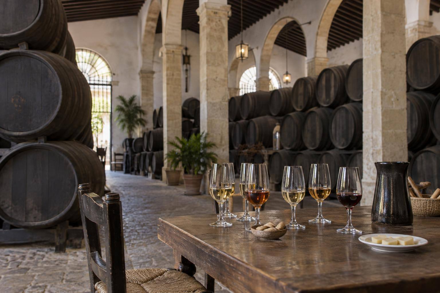 Imagen ilustrativa: Interior de una bodega con filas de botas de madera y una mesa preparada con copas para una cata, sin personas reconocibles