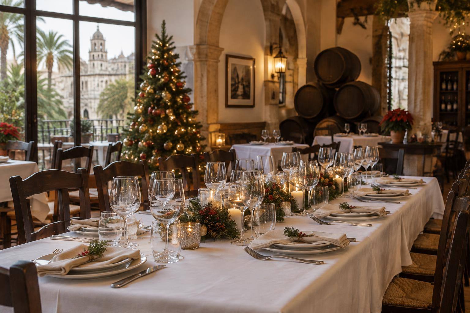 Imagen ilustrativa: Salón de un restaurante con una mesa larga preparada para una comida de grupo y decoración navideña, sin personas reconocibles.