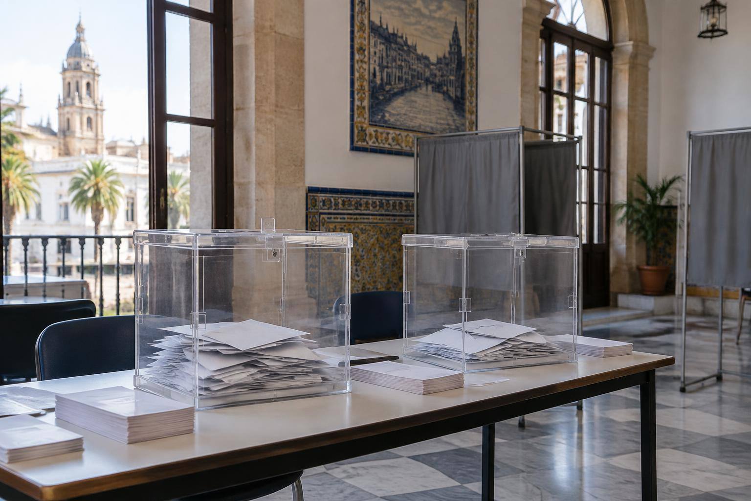 Imagen ilustrativa: Urnas electorales transparentes sobre una mesa en una sala pública, sin personas ni símbolos de partidos.