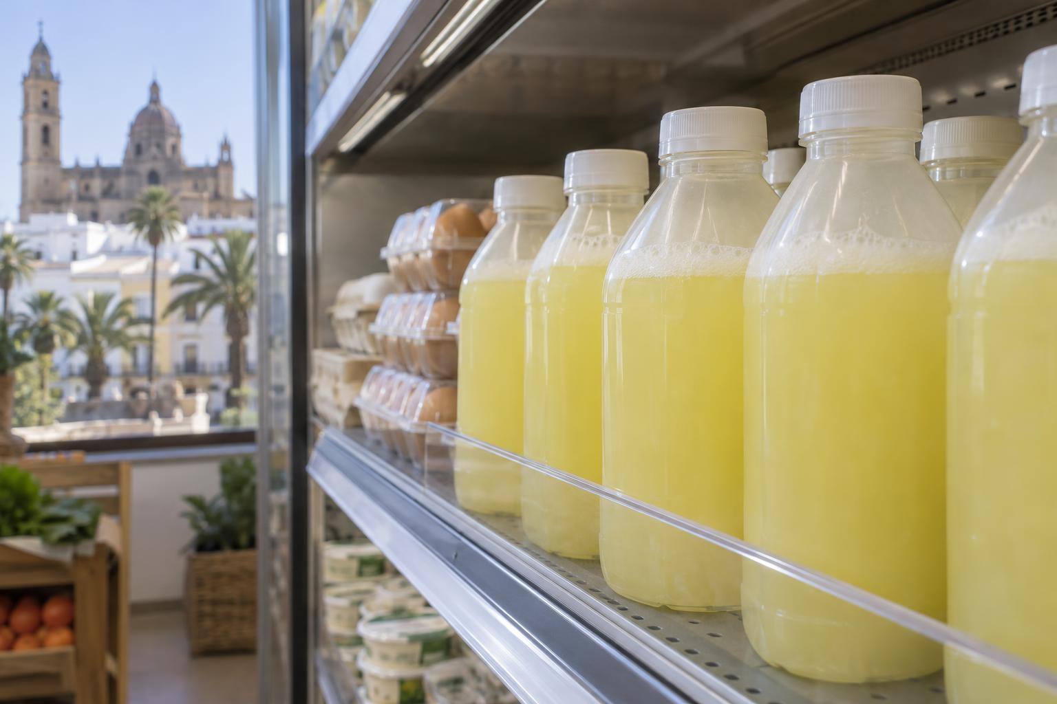 Imagen ilustrativa: Estante refrigerado de alimentación con botellas de clara de huevo pasteurizada sin marcas visibles ni personas reconocibles