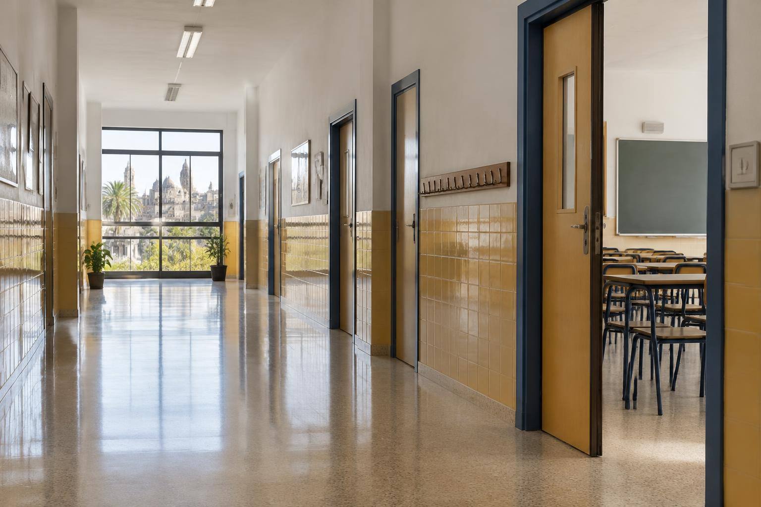 Imagen ilustrativa: Pasillo de un colegio con puertas de aulas, sin personas ni elementos identificativos.