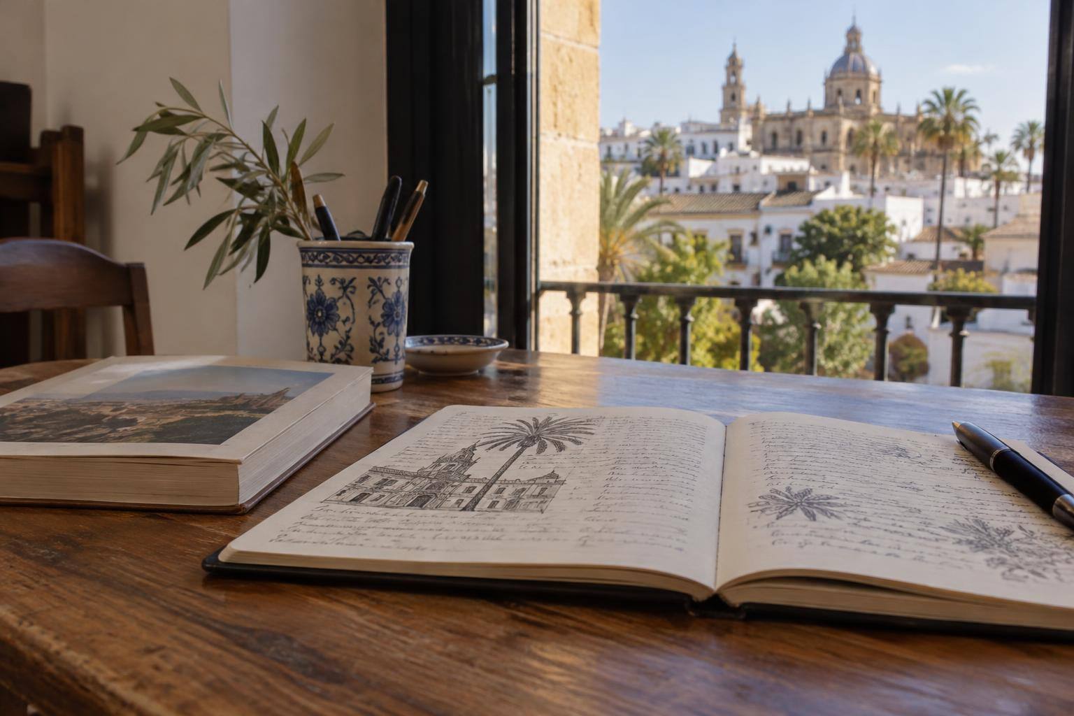Imagen ilustrativa: Cuaderno abierto con dibujos y textos manuscritos junto a un libro sobre una mesa de madera, sin personas ni títulos legibles.