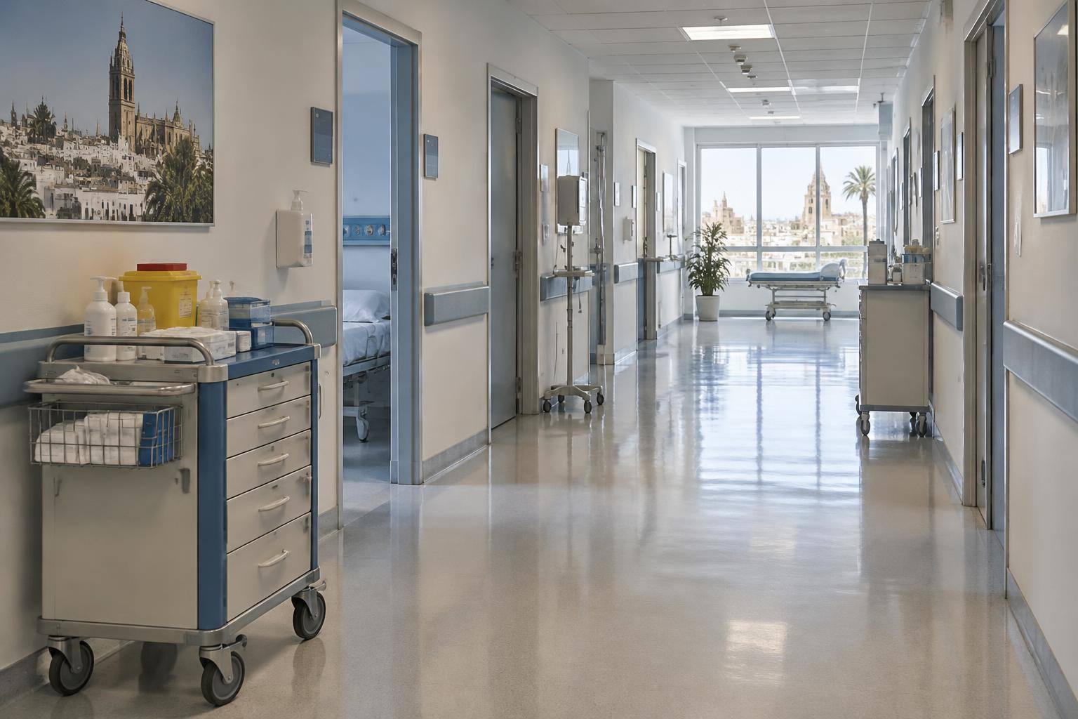 Imagen ilustrativa: Pasillo de una planta hospitalaria con puertas de habitaciones y un carro de material sanitario, sin personas reconocibles