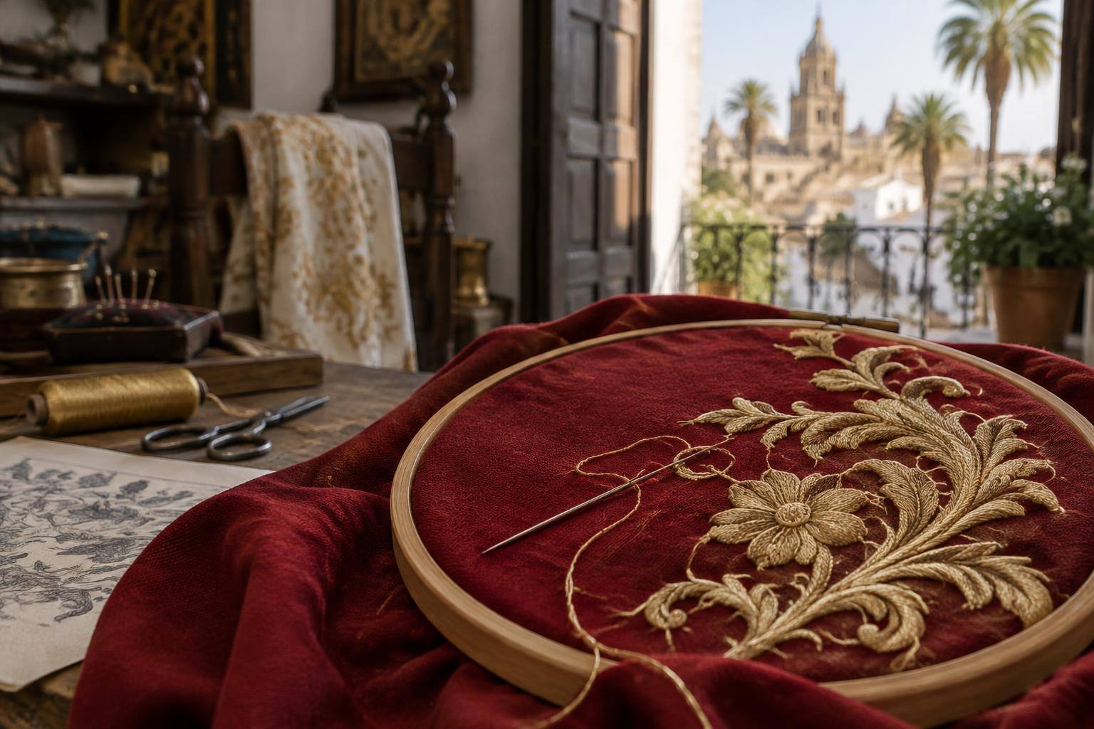 Imagen ilustrativa: Detalle de un bastidor de bordado sobre tejido rojo oscuro en un taller artesanal, sin personas ni emblemas identificables.