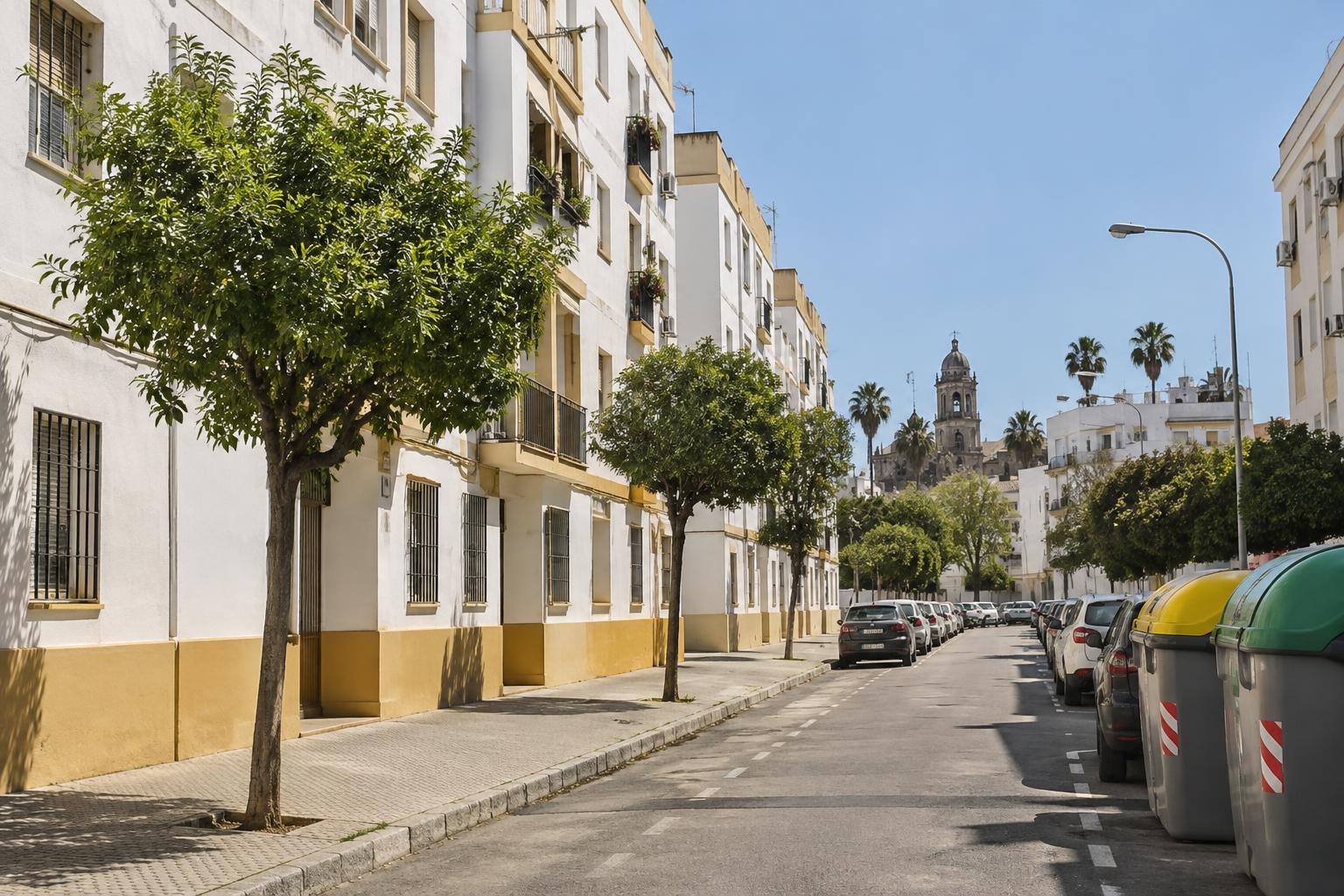 Imagen ilustrativa: Calle de una barriada residencial con bloques de viviendas, aceras y contenedores, sin personas reconocibles