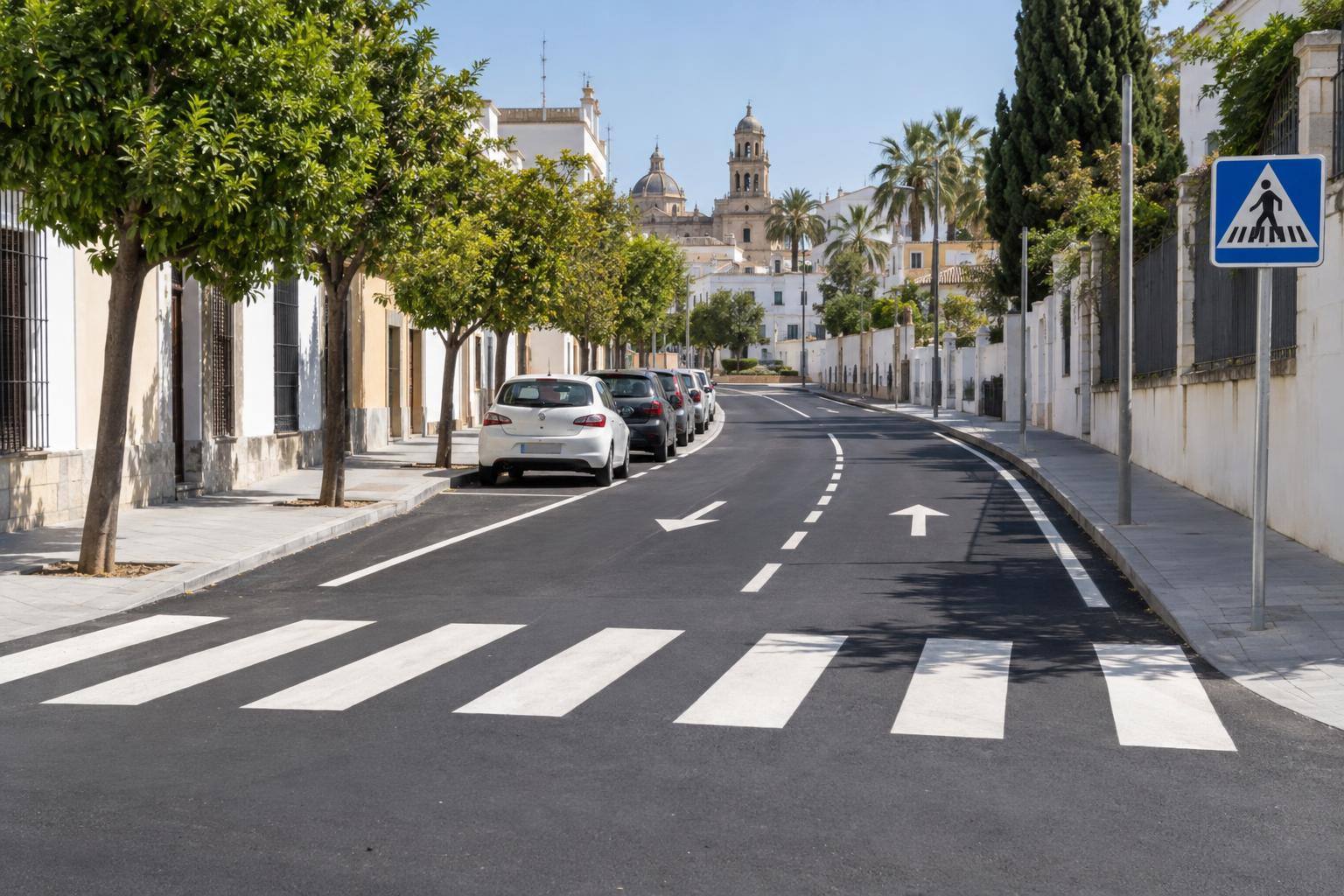 Imagen ilustrativa: Calle de un barrio residencial con calzada recién asfaltada, marcas viales y señales de tráfico, sin personas reconocibles.