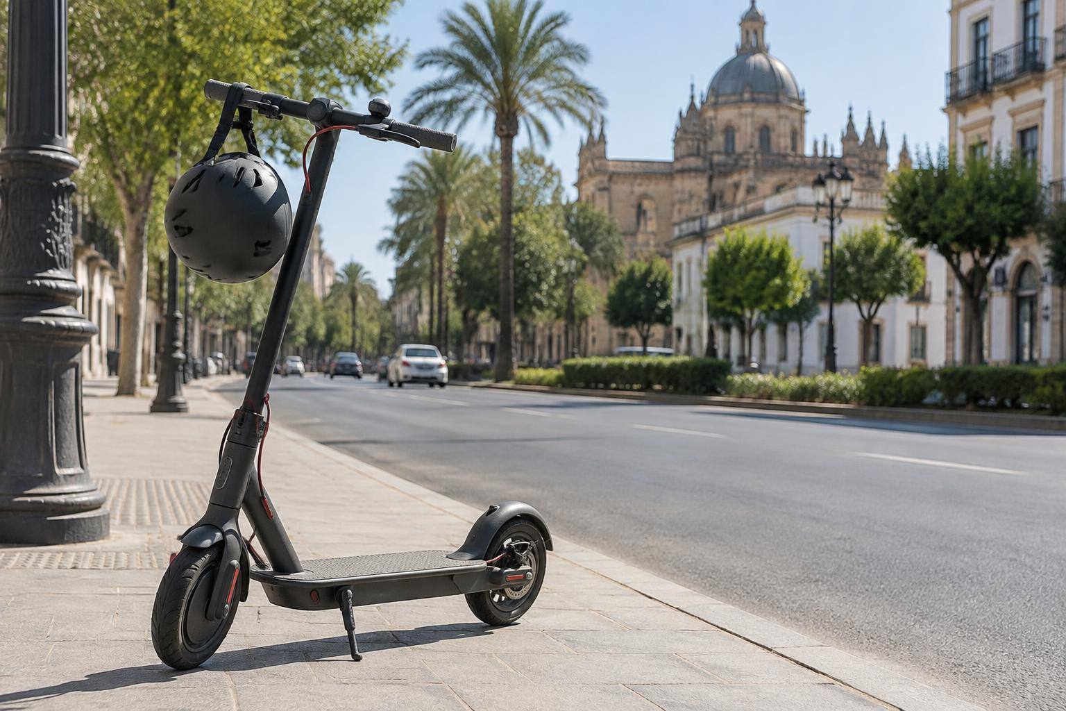 Imagen ilustrativa: Patinete eléctrico estacionado junto a una avenida urbana, con un casco sobre el manillar y sin personas reconocibles.