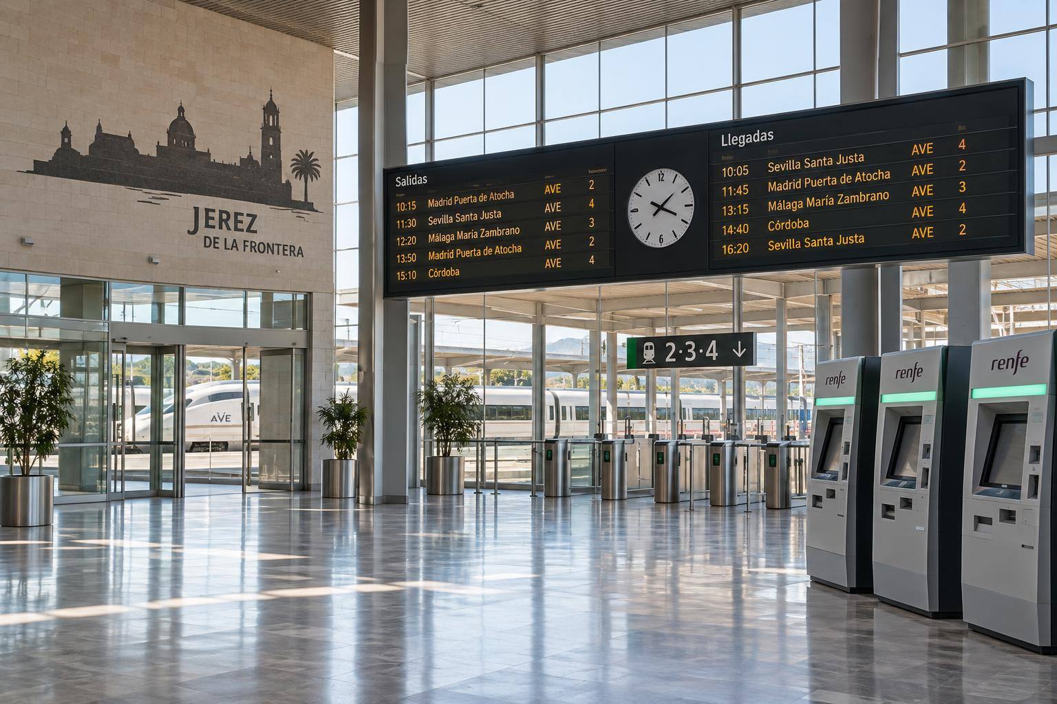 Imagen ilustrativa: Vestíbulo de una estación de alta velocidad con paneles de información y máquinas de venta de billetes, sin personas reconocibles