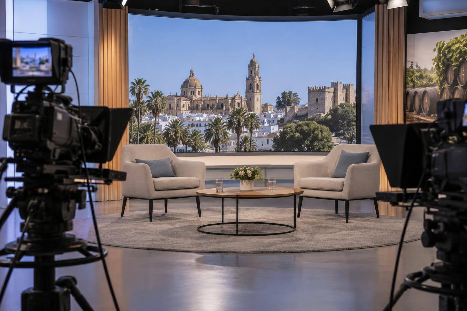 Imagen ilustrativa: Plató de televisión con dos sillones para invitados, una mesa y cámaras, sin personas reconocibles