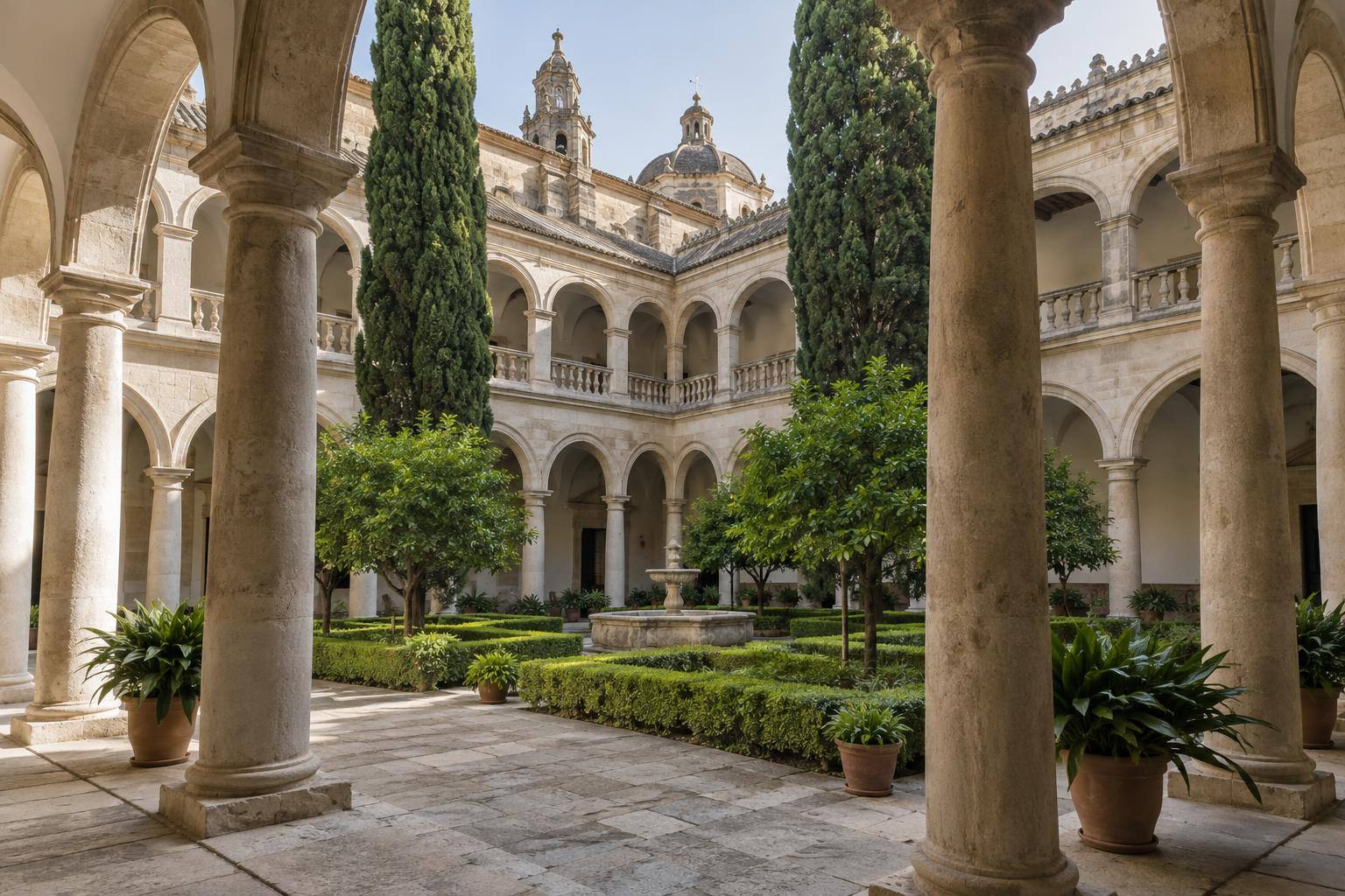 Imagen ilustrativa: Patio interior de un monasterio histórico andaluz, con galerías de piedra y sin personas