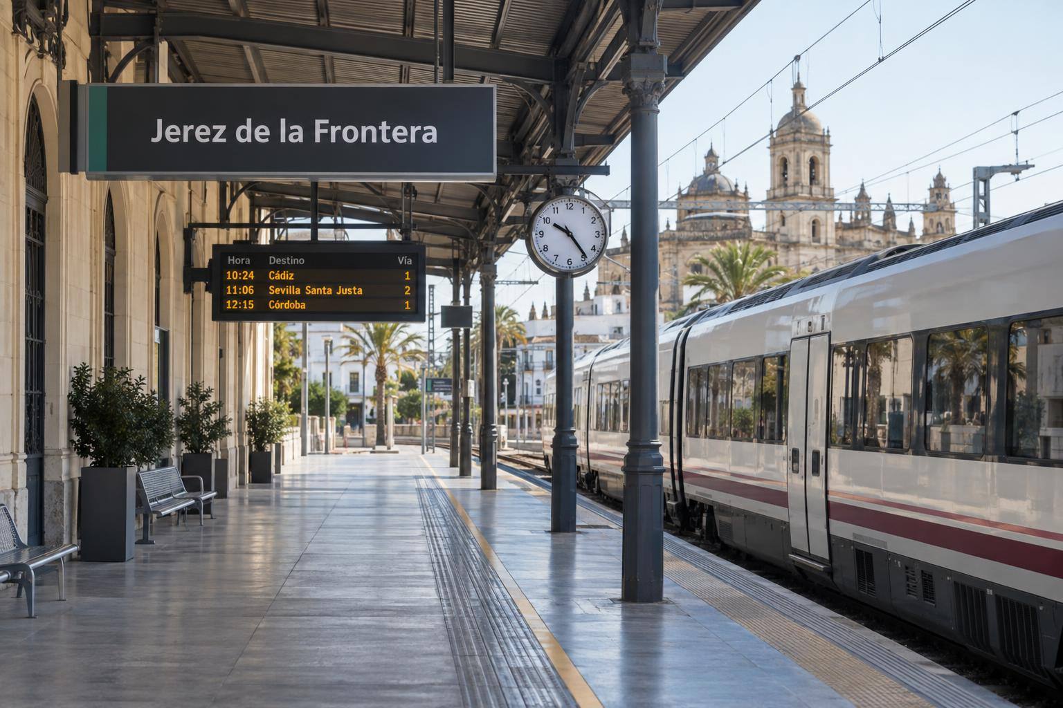 Imagen ilustrativa: Andén de una estación ferroviaria con un tren de pasajeros y paneles informativos, sin personas reconocibles.