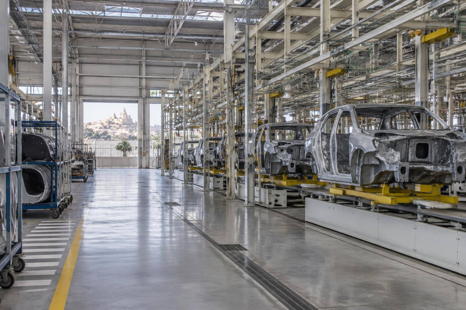 Imagen ilustrativa: Interior de una nave industrial de automoción vacía, sin personas ni logotipos identificables