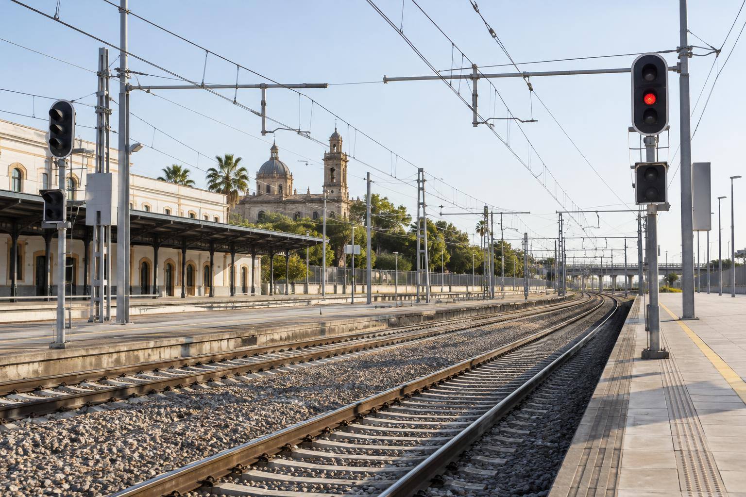 Imagen ilustrativa: Vías de alta velocidad y señales ferroviarias junto a una estación, sin personas reconocibles ni indicios de un accidente concreto