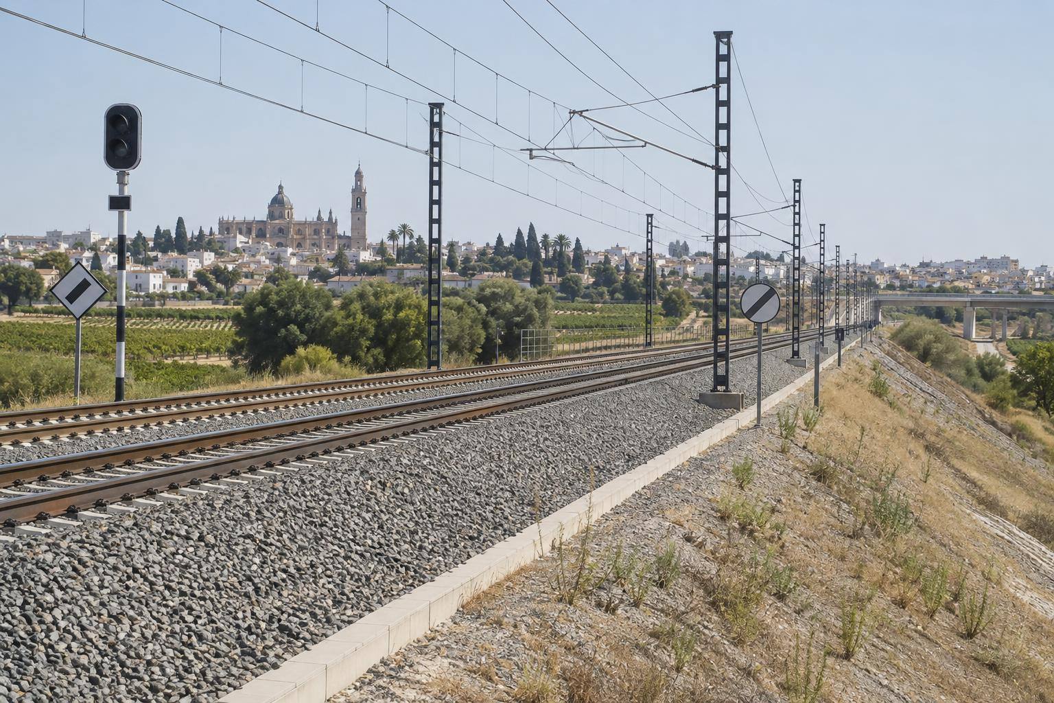 Imagen ilustrativa: Vías de alta velocidad con señales ferroviarias y un terraplén, sin trenes ni personas