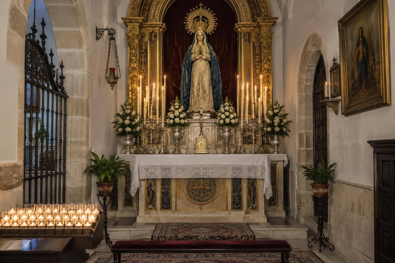 Imagen ilustrativa: Interior de una ermita con un altar mariano y cirios, sin personas reconocibles.