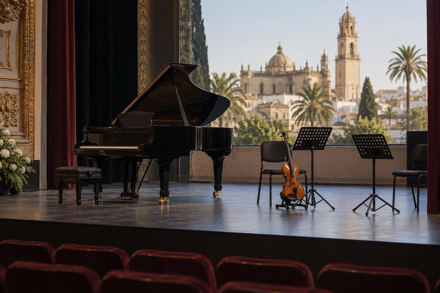Imagen ilustrativa: Escenario de teatro con un piano de cola, un violín y atriles preparados para un recital, sin personas.