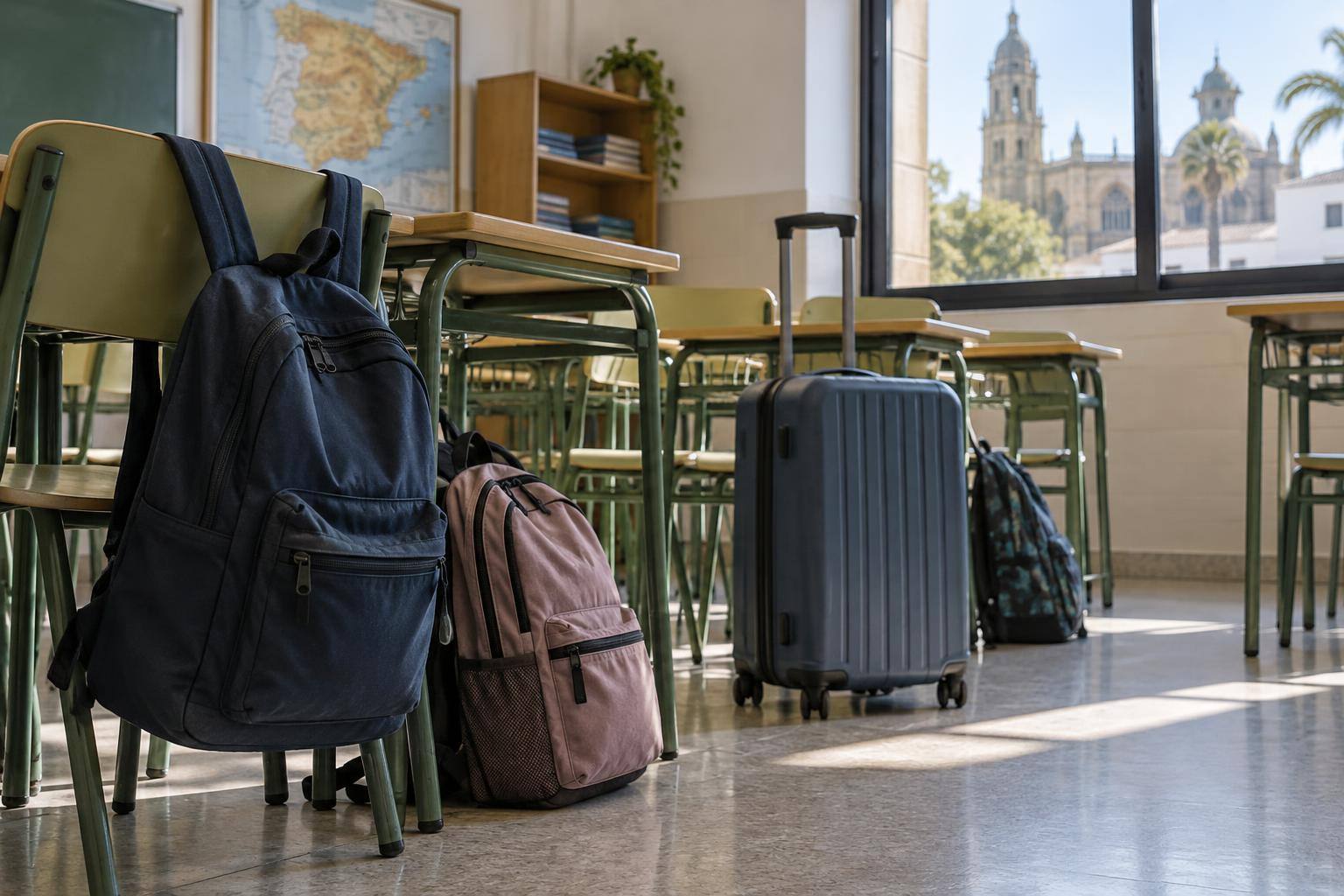 Imagen ilustrativa: Mochilas escolares y una maleta de viaje junto a pupitres en un aula vacía, sin personas ni nombres visibles