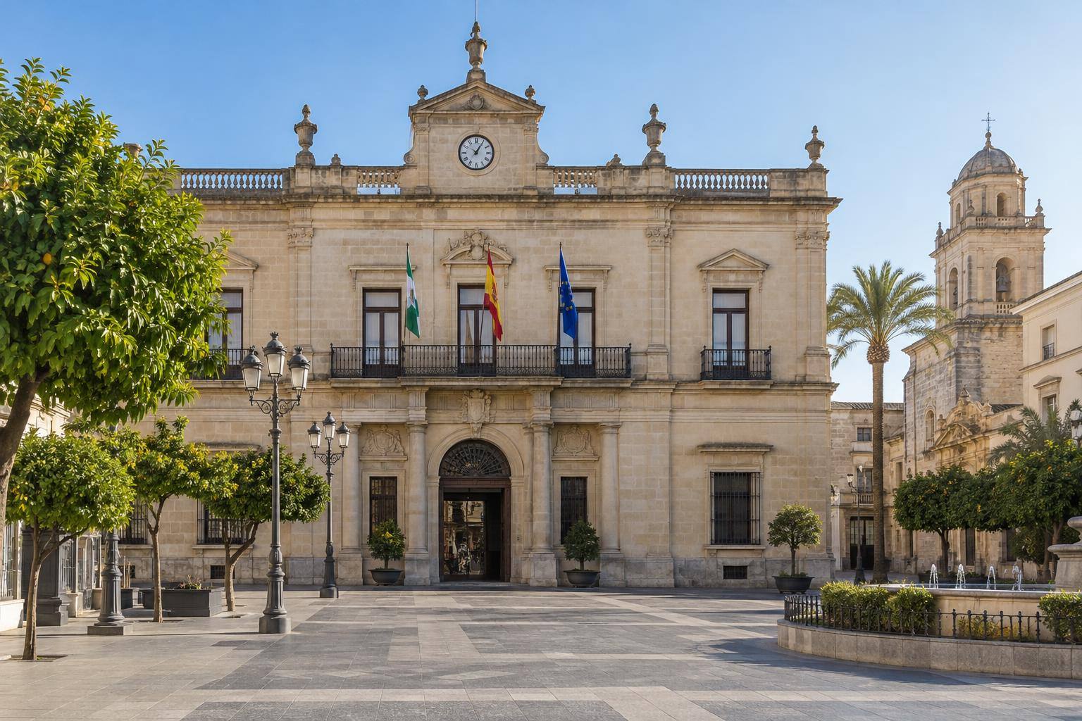 Imagen ilustrativa: Entrada de un edificio consistorial con una plaza despejada, sin personas reconocibles.