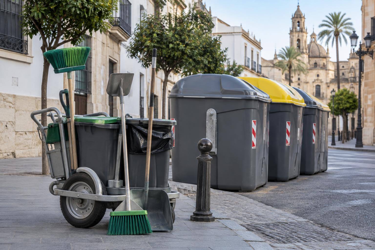 Imagen ilustrativa: Carros y utensilios de limpieza viaria junto a contenedores en una calle urbana, sin personas ni logotipos reconocibles