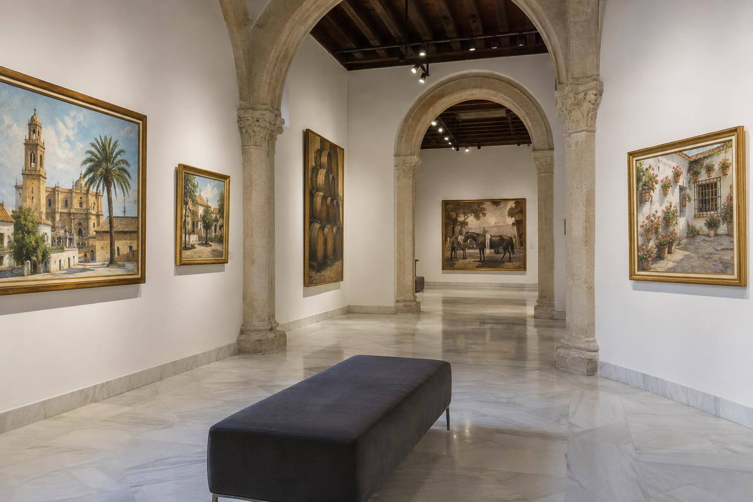 Imagen ilustrativa: Galería de exposiciones en un edificio histórico, con pinturas colgadas en paredes blancas y sin personas reconocibles.
