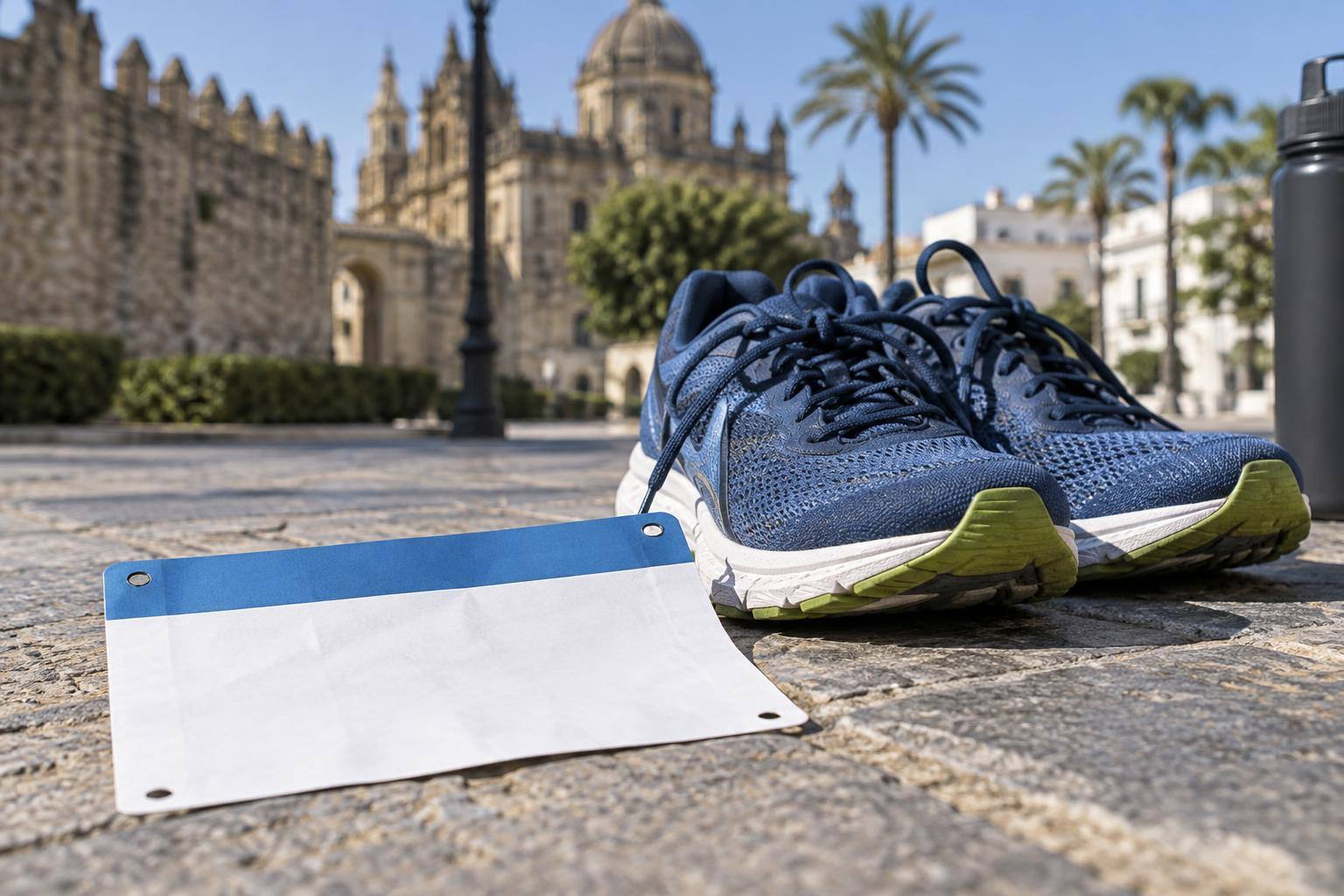 Imagen ilustrativa: Zapatillas de carrera y un dorsal sin numeración sobre una superficie deportiva, sin personas reconocibles.