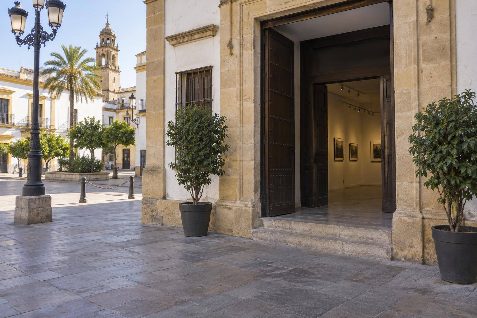 Imagen ilustrativa: Entrada de una sala cultural de pequeño formato en una plaza urbana, sin personas ni rótulos identificables.