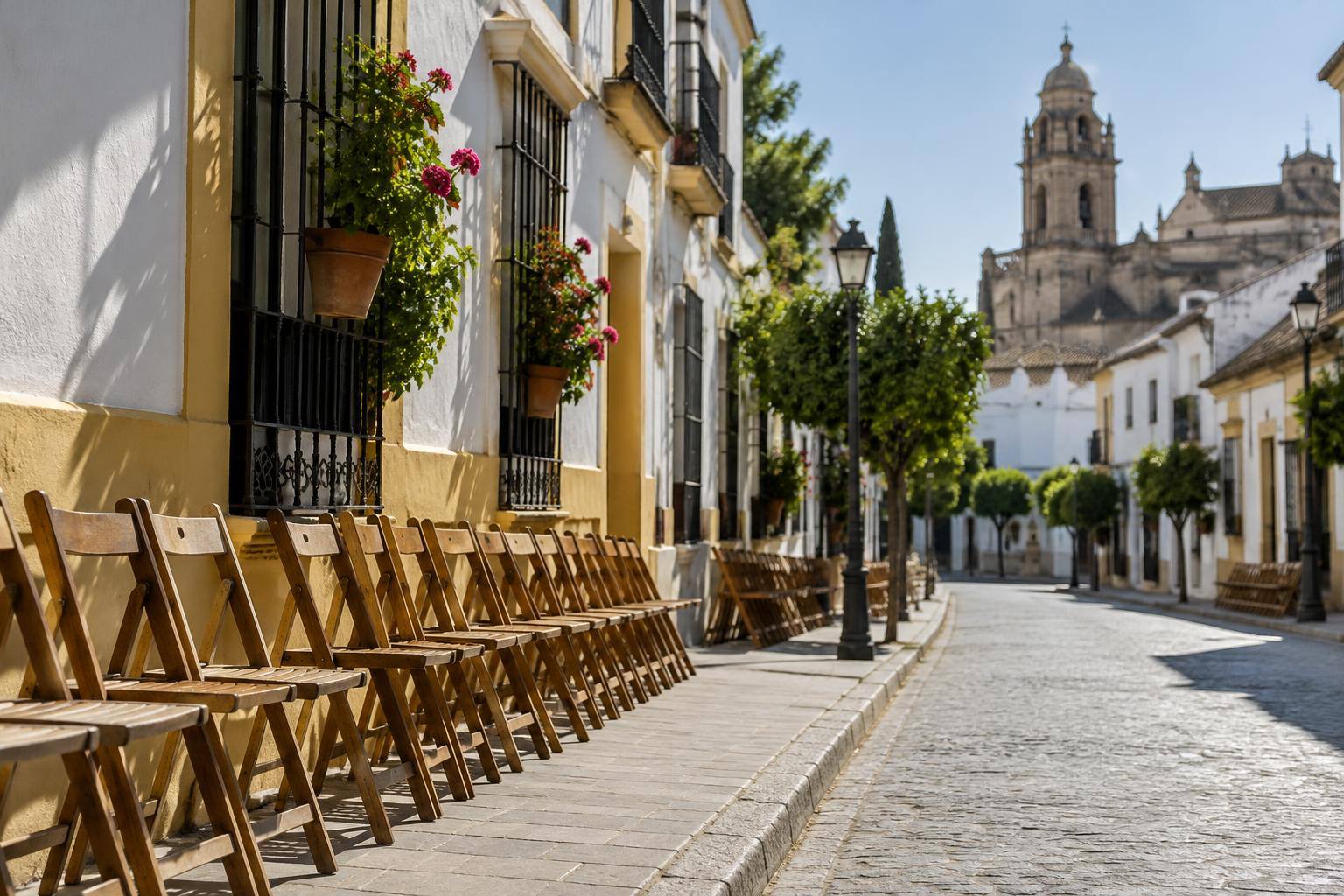 Imagen ilustrativa: Filas de sillas vacías junto a una calle de una localidad rural andaluza, sin personas reconocibles.