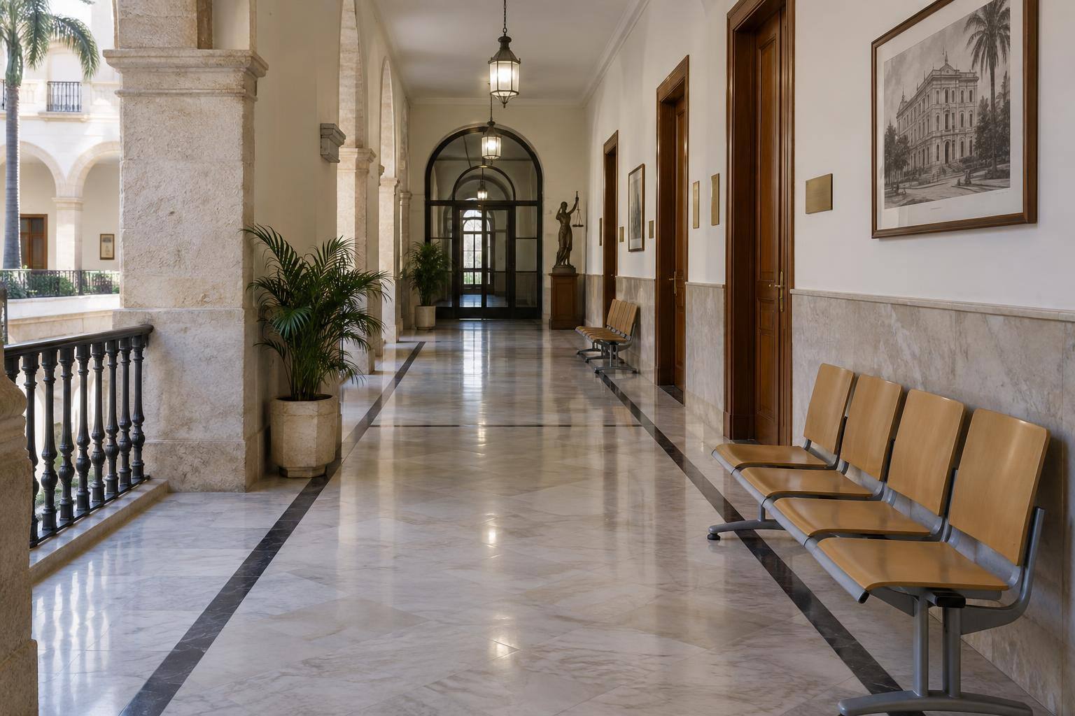 Imagen ilustrativa: Pasillo de un edificio judicial con puertas de despachos y asientos de espera, sin personas ni documentación identificable.