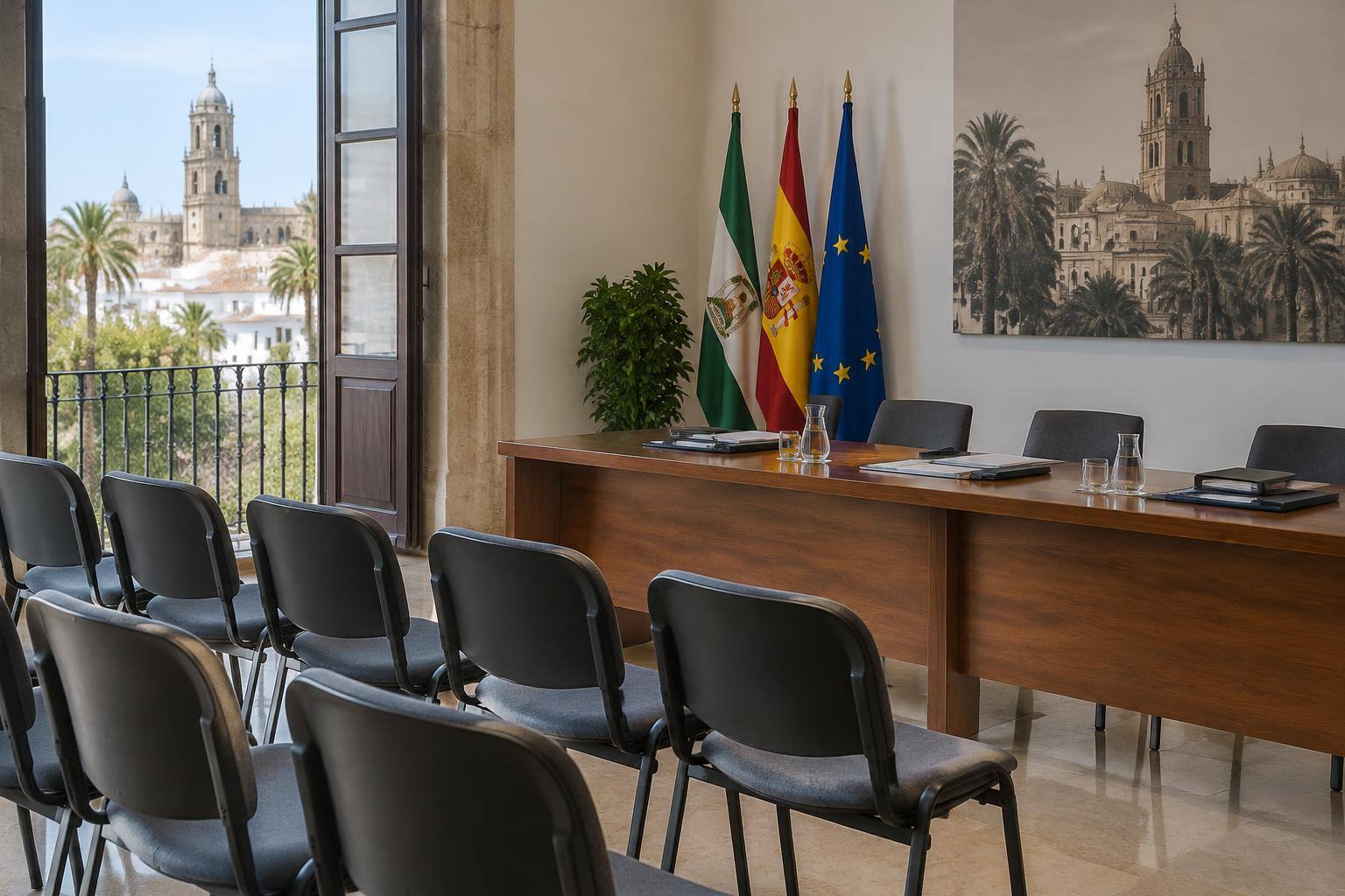 Imagen ilustrativa: Sala de reuniones con filas de sillas y una mesa con carpetas y documentos, sin personas reconocibles.