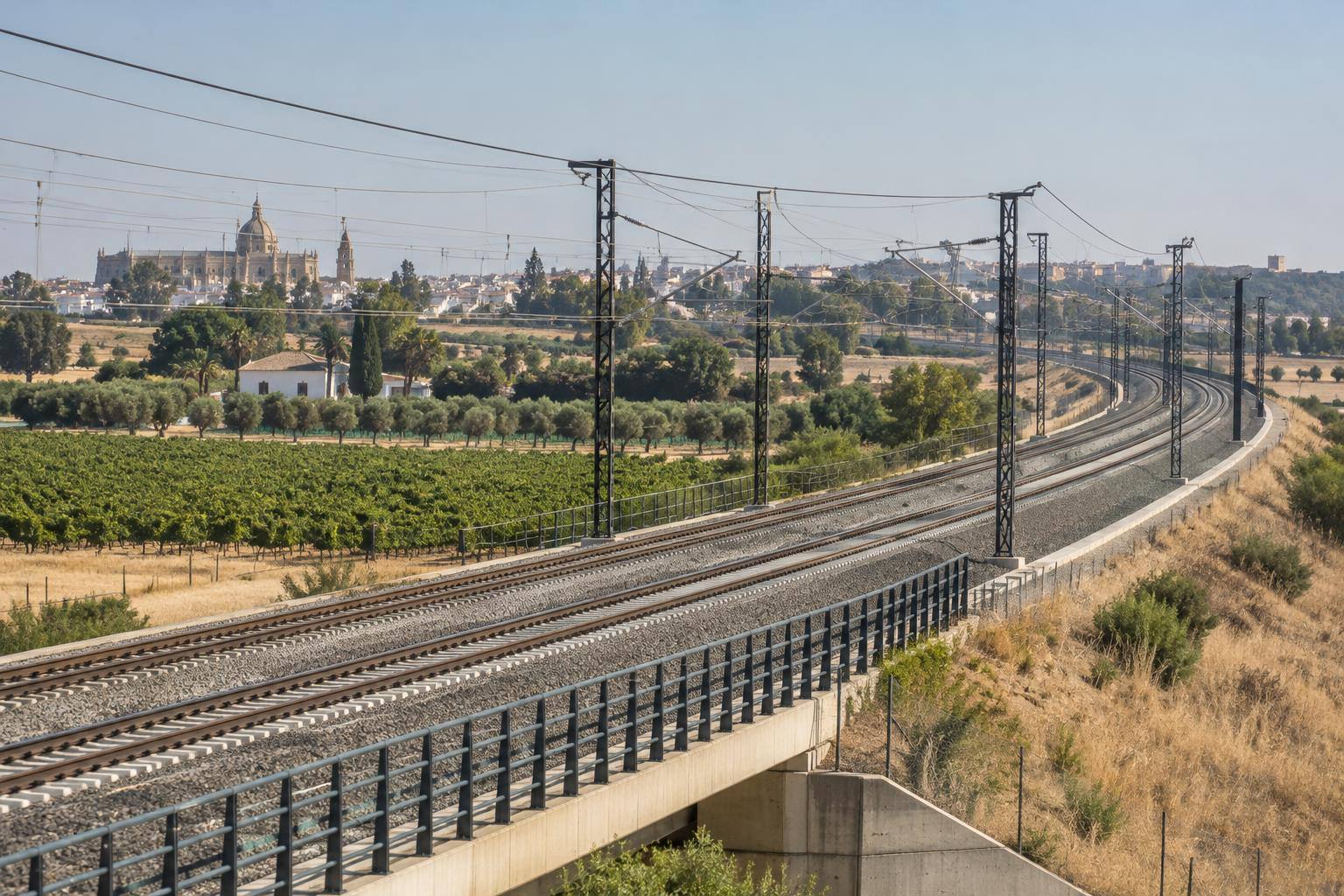 Imagen ilustrativa: Vías de alta velocidad con catenarias en un paisaje rural, sin trenes ni personas