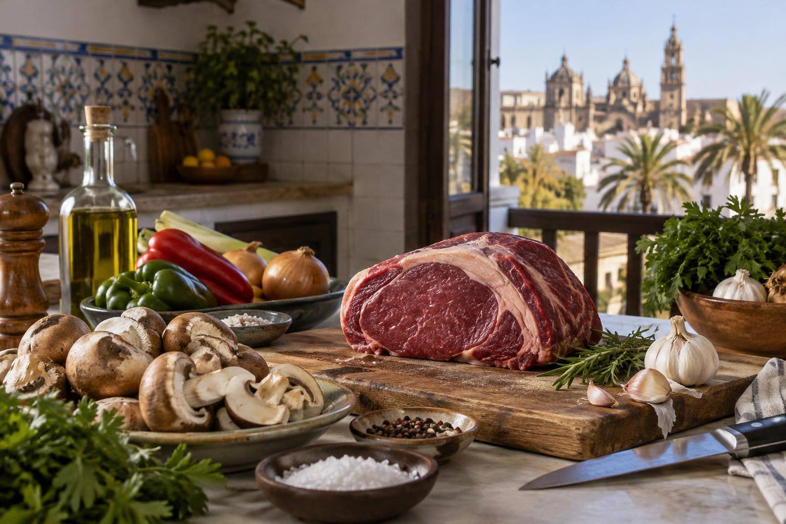 Imagen ilustrativa: Mesa de trabajo de una cocina con carne de vacuno, setas, verduras y utensilios de preparación, sin personas.