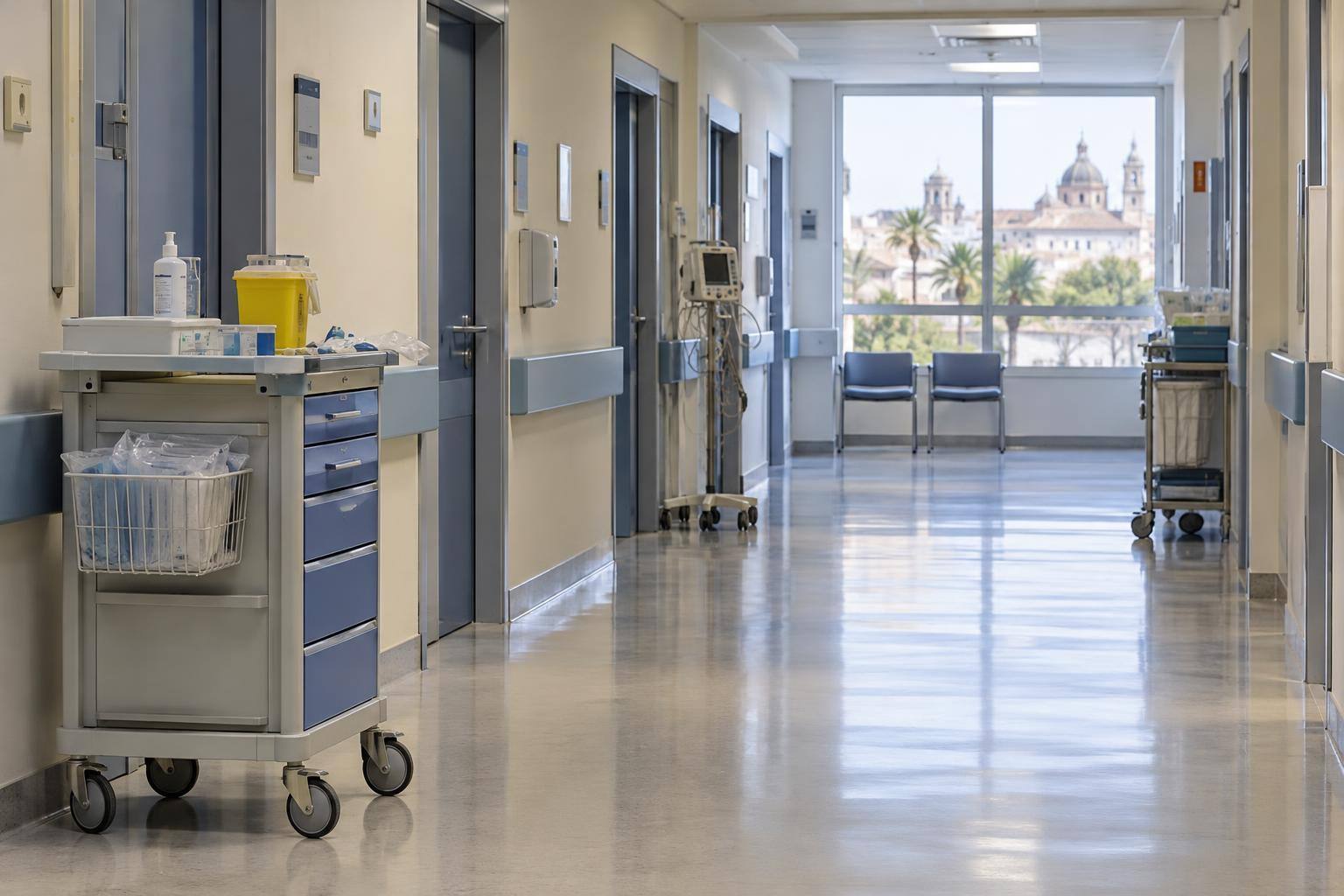Imagen ilustrativa: Pasillo de una planta hospitalaria con puertas de habitaciones y un carro de material sanitario, sin personas reconocibles