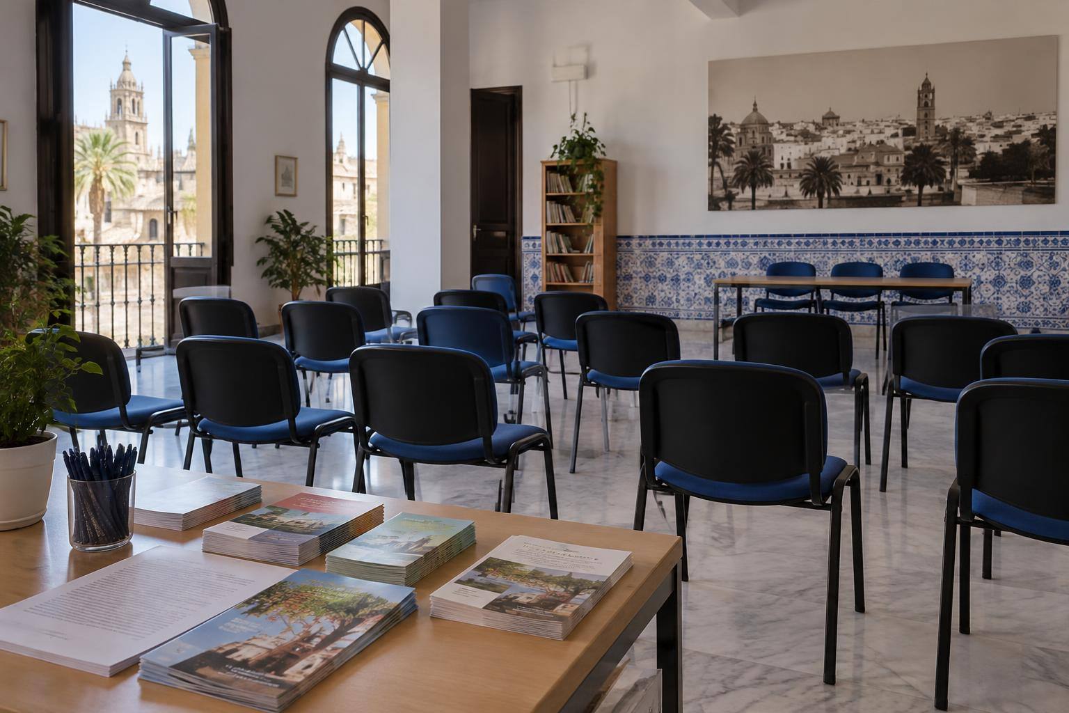 Imagen ilustrativa: Sala de un centro social con sillas dispuestas para una asamblea y una mesa con folletos, sin personas ni textos legibles.