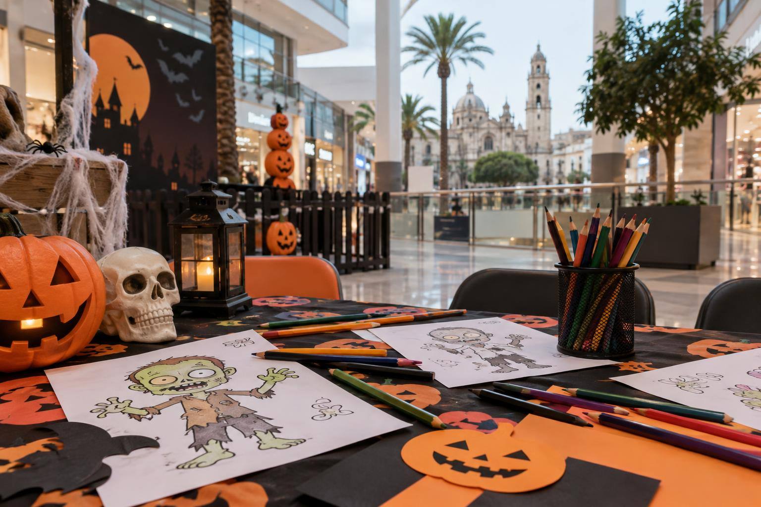 Imagen ilustrativa: Mesa de manualidades con dibujos de zombis, lápices de colores y decoración de Halloween en un centro comercial, sin personas.
