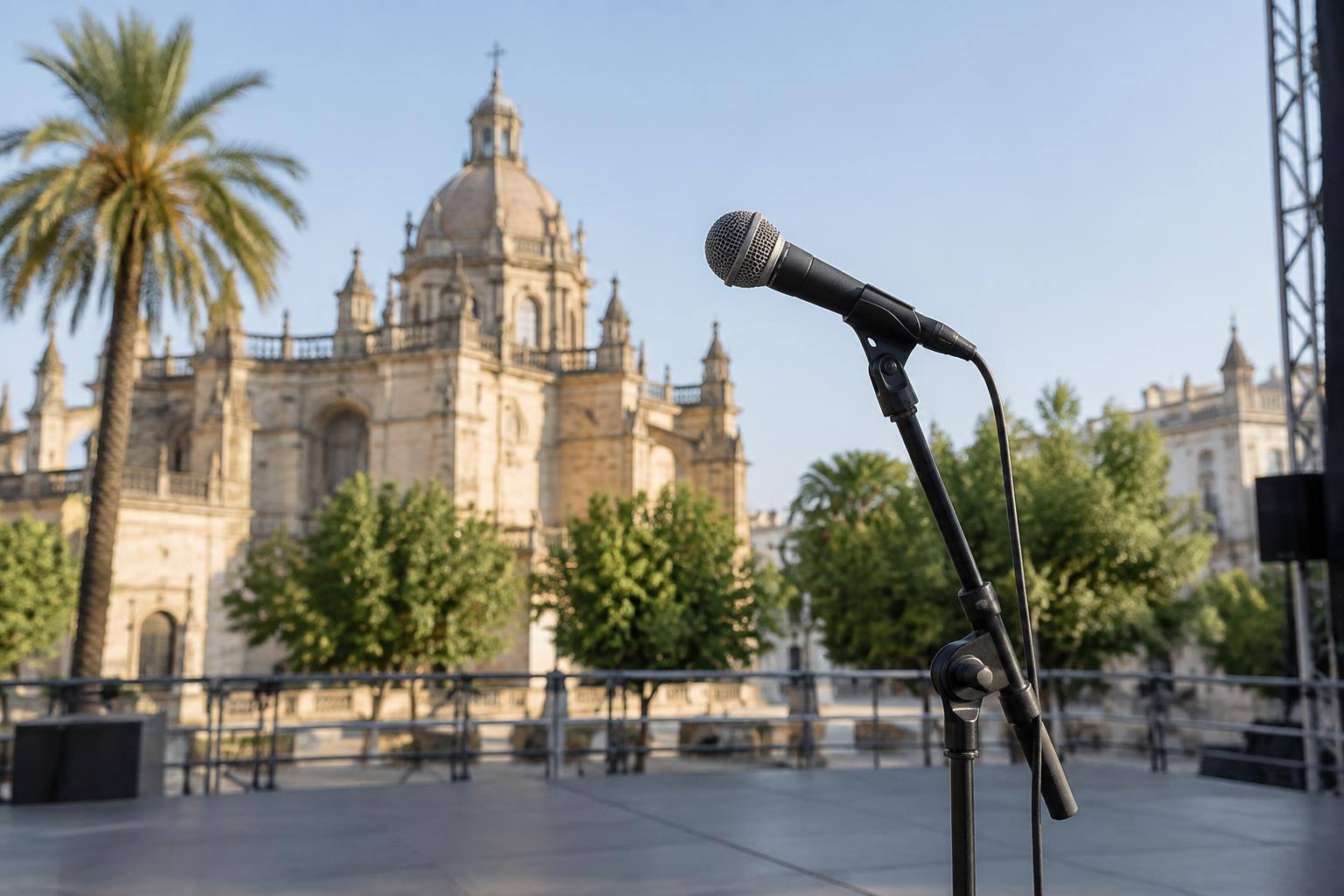Imagen ilustrativa: Micrófono sobre un soporte en un escenario vacío, sin personas ni carteles identificables